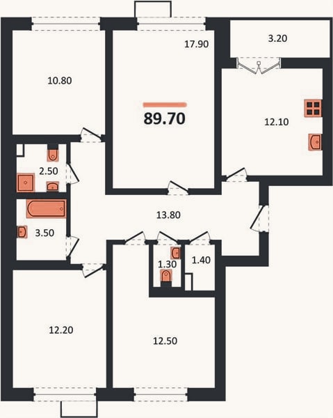Планировка: 4+ к, 89,7 м²