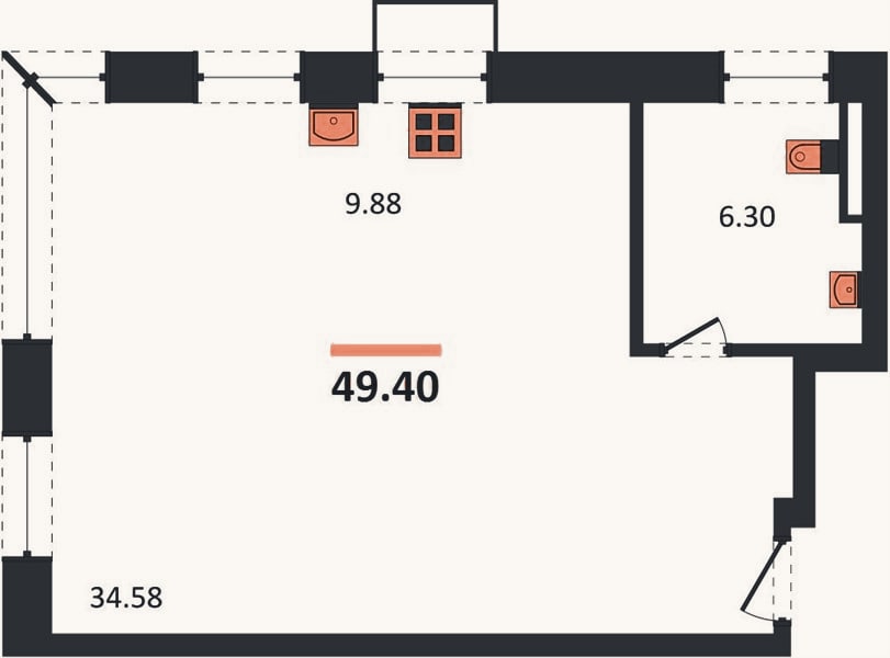 Планировка: Студия, 49,4 м²