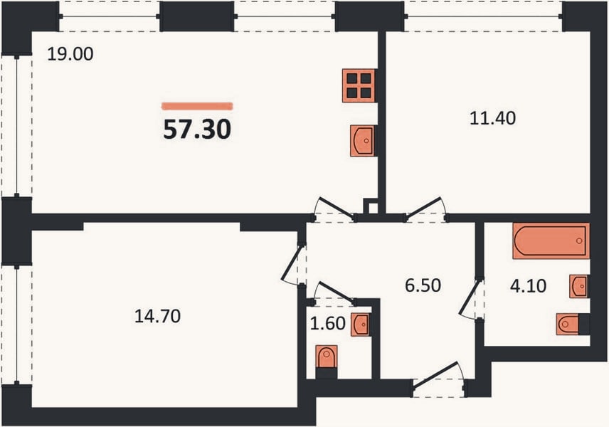 Планировка: 2-к, 57,3 м²