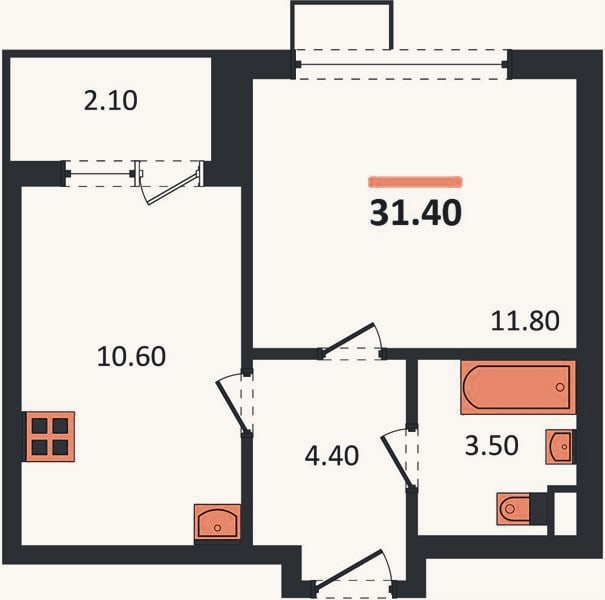 Планировка: 1-к, 31,4 м²