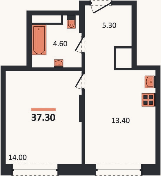 Планировка: 1-к, 37,3 м²