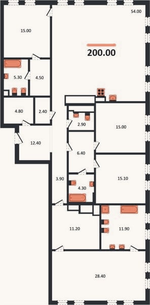 Планировка: 4+ к, 200 м²