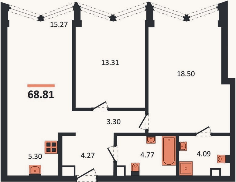 Планировка: 2-к, 68,8 м²