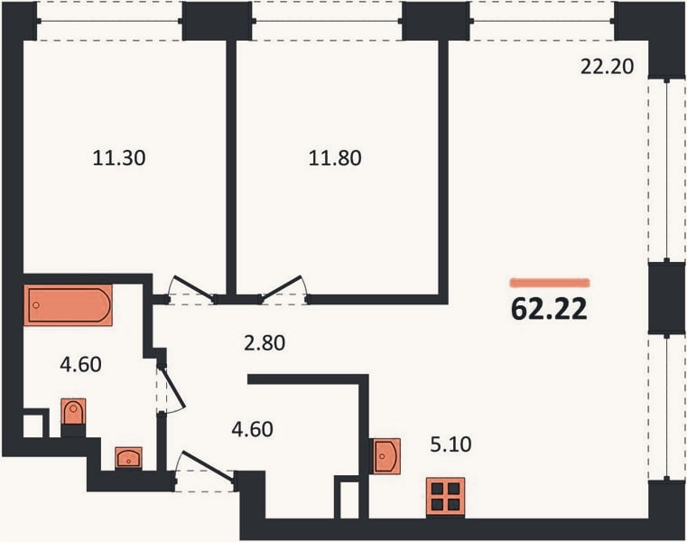 Планировка: 2-к, 62,2 м²
