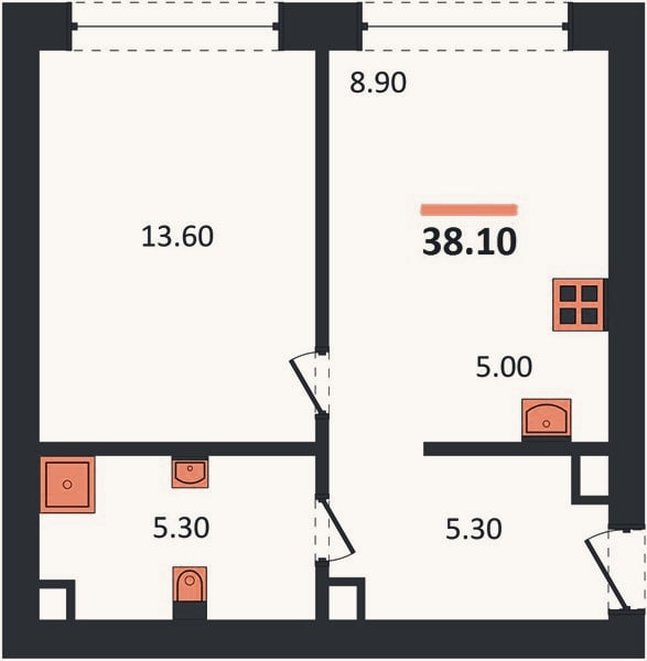 Планировка: 1-к, 38,4 м²