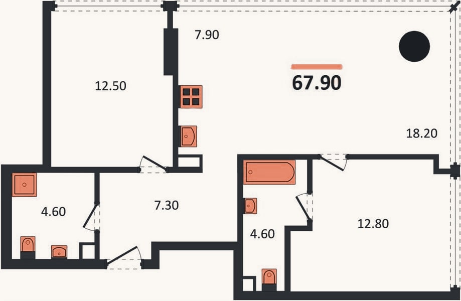 Планировка: 2-к, 67,9 м²