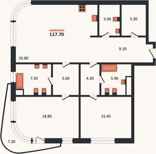 Планировка: 2-к, 117,7 м²