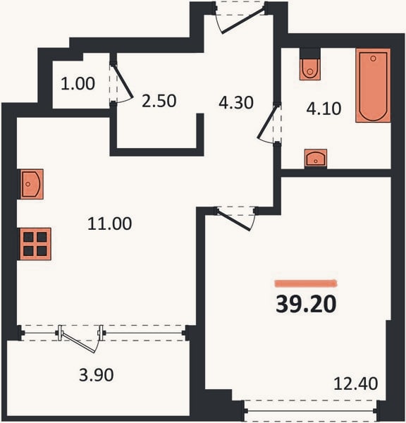 Планировка: 1-к, 39,2 м²
