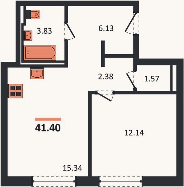 Планировка: 1-к, 41,4 м²