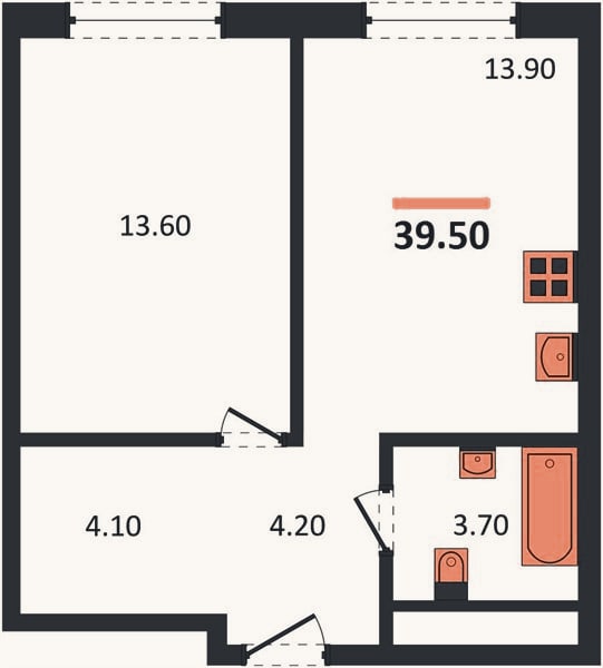 Планировка: 1-к, 39,5 м²