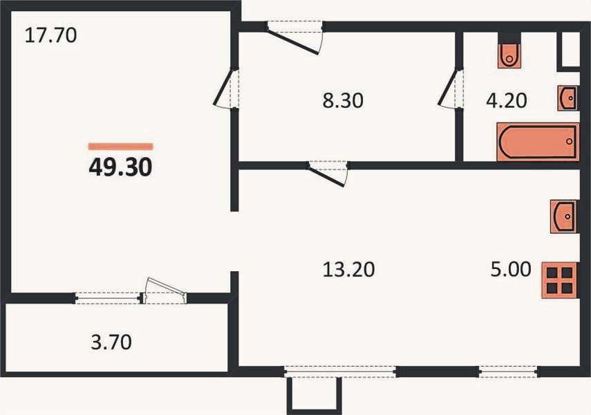 Планировка: 1-к, 49,3 м²