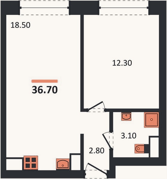 Планировка: 1-к, 36,7 м²