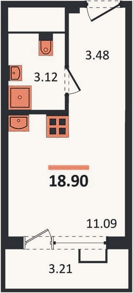 Планировка: Студия, 18,9 м²