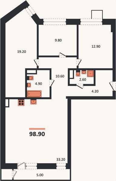 Планировка: 3-к, 97,6 м²