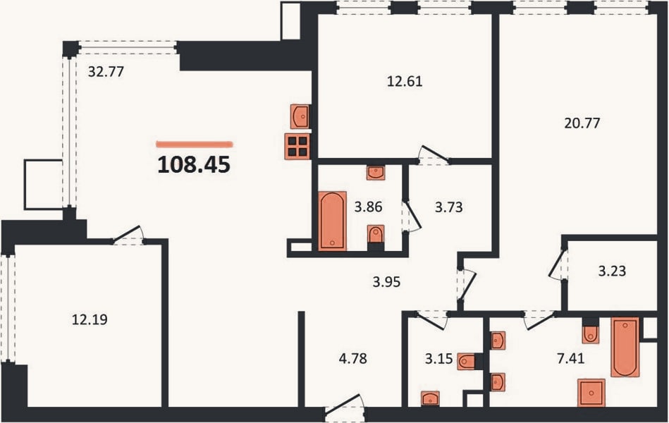 Планировка: 3-к, 108,5 м²