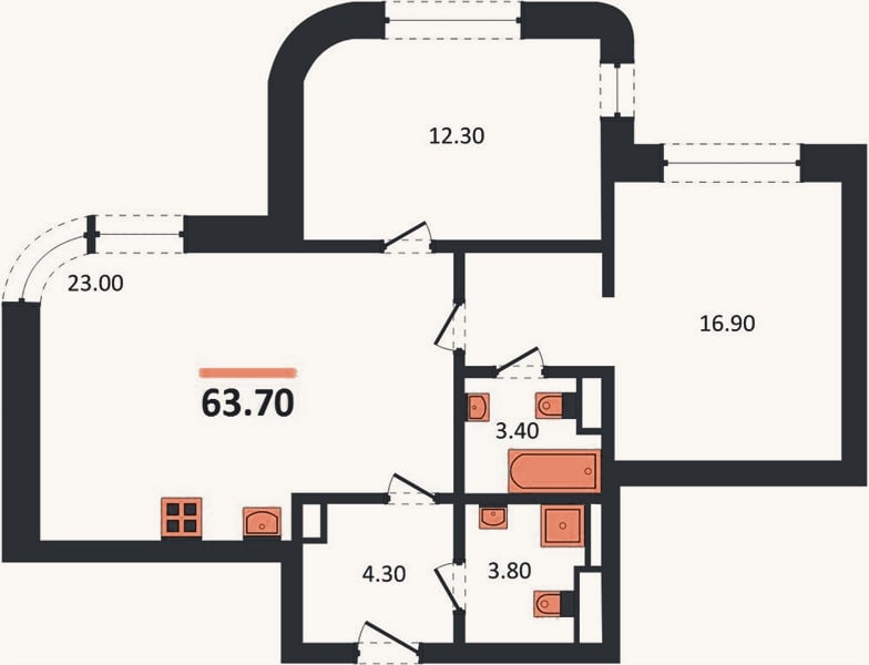 Планировка: 2-к, 63,7 м²