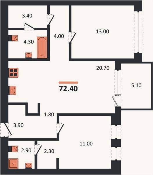 Планировка: 2-к, 72,4 м²