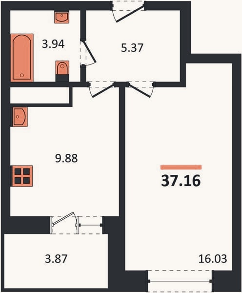 Планировка: 1-к, 37,2 м²