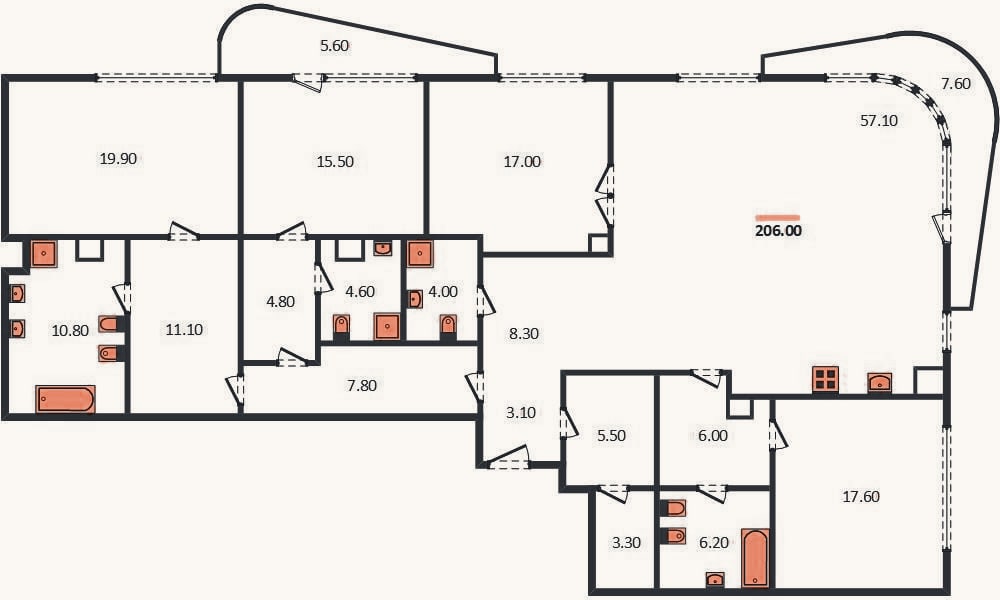 Планировка: 4+ к, 212,9 м²