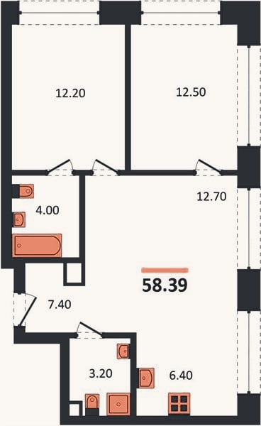 Планировка: 2-к, 58,4 м²
