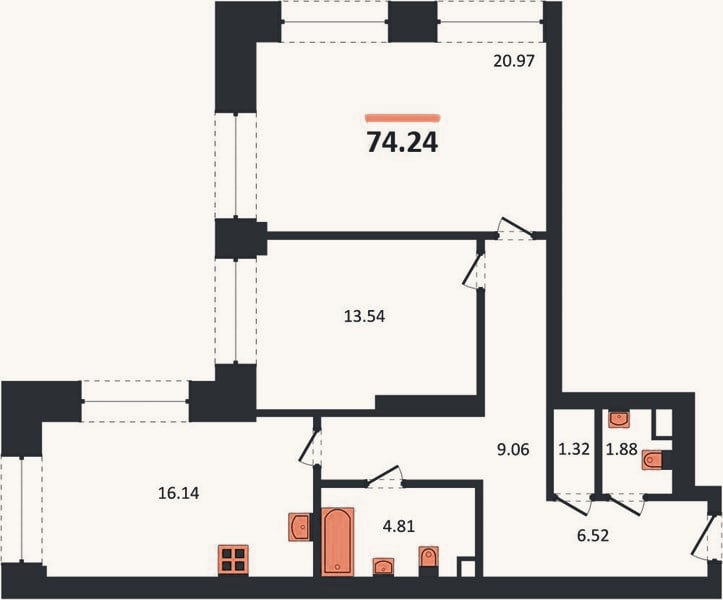 Планировка: 2-к, 74,2 м²