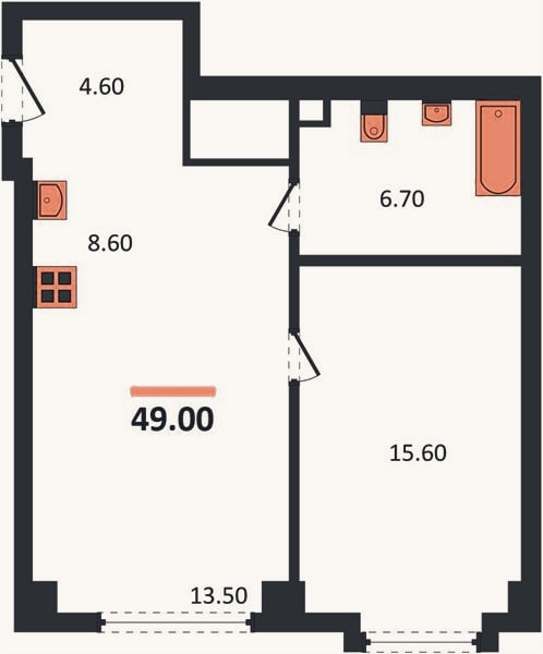 Планировка: 1-к, 49 м²