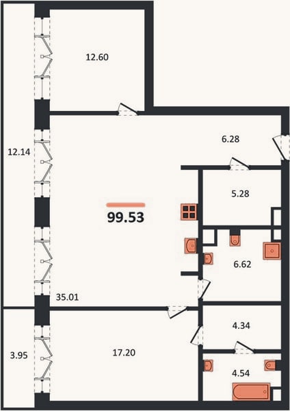 Планировка: 2-к, 99,2 м²