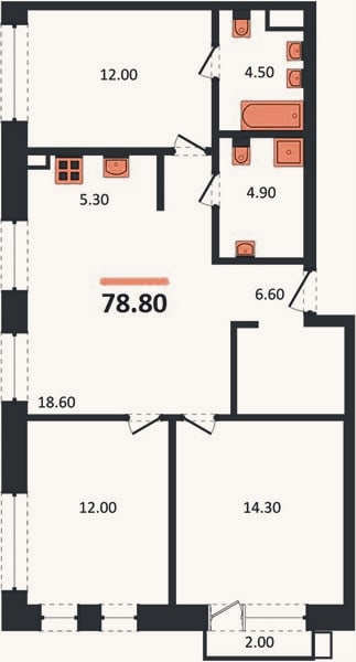 Планировка: 3-к, 78,8 м²