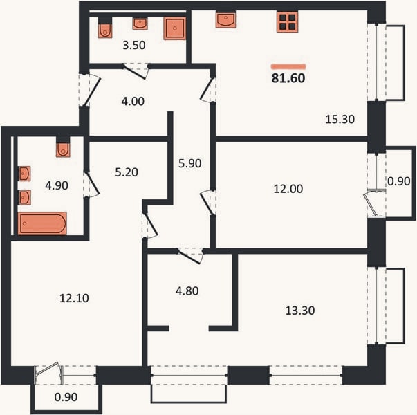Планировка: 3-к, 81,6 м²