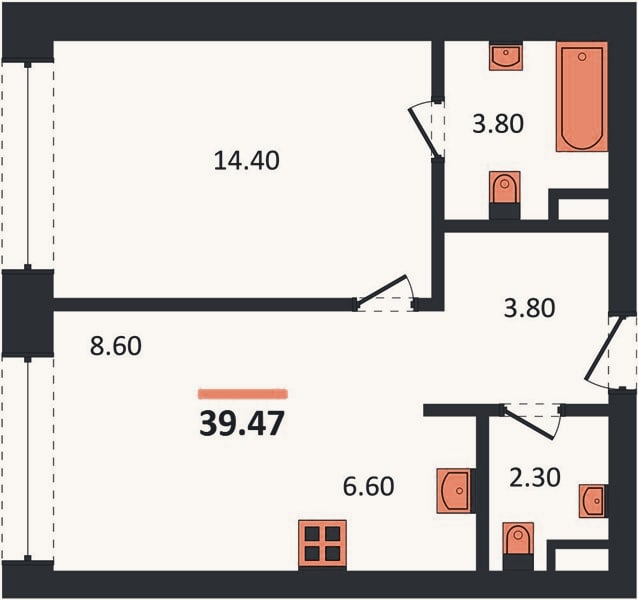 Планировка: 1-к, 39,5 м²
