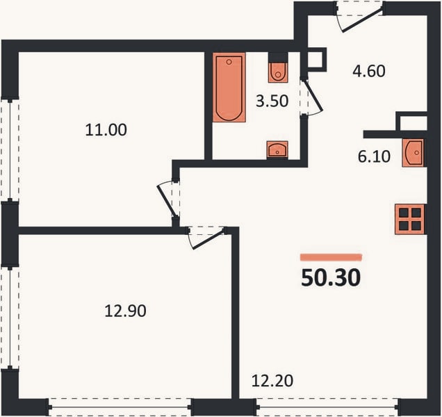 Планировка: 2-к, 50,3 м²