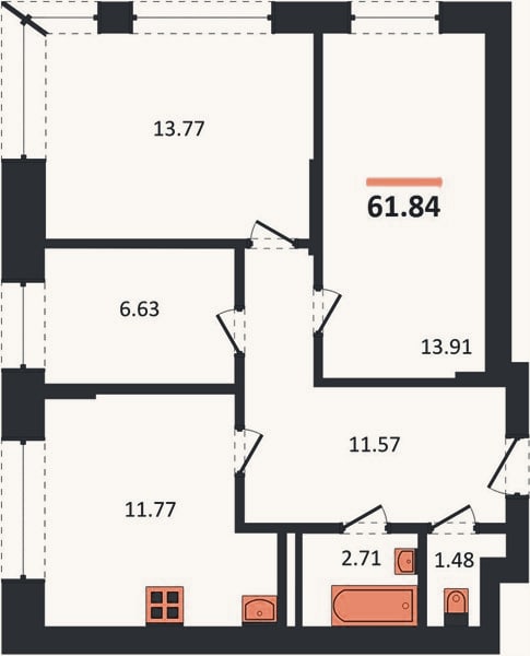 Планировка: 3-к, 61,8 м²