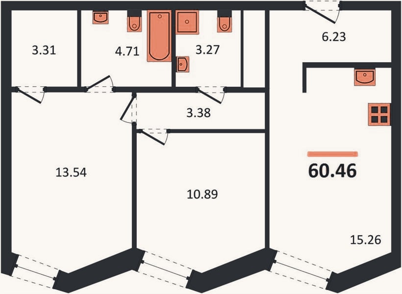 Планировка: 2-к, 60,5 м²