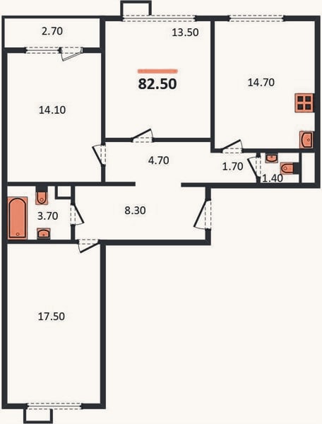 Планировка: 3-к, 82,5 м²