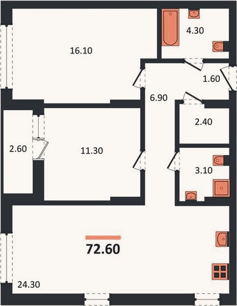 Планировка: 2-к, 72,6 м²