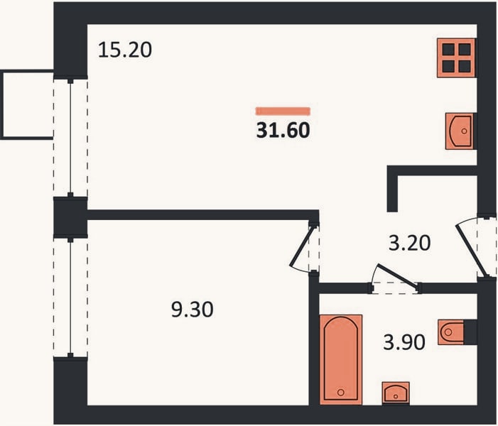Планировка: 1-к, 31,6 м²