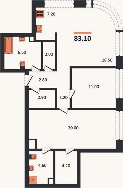 Планировка: 2-к, 83,1 м²