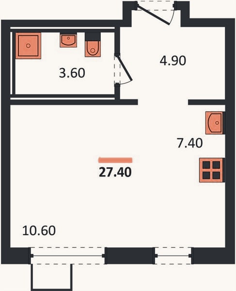 Планировка: Студия, 27,4 м²