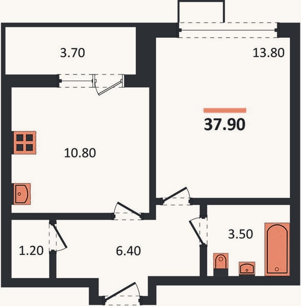 Планировка: 1-к, 37,9 м²