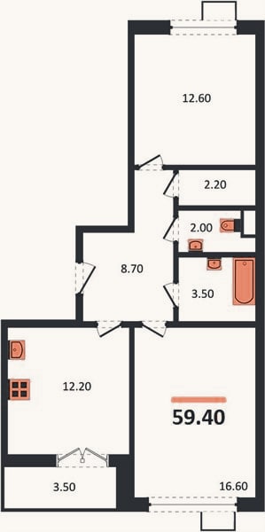 Планировка: 2-к, 59,4 м²