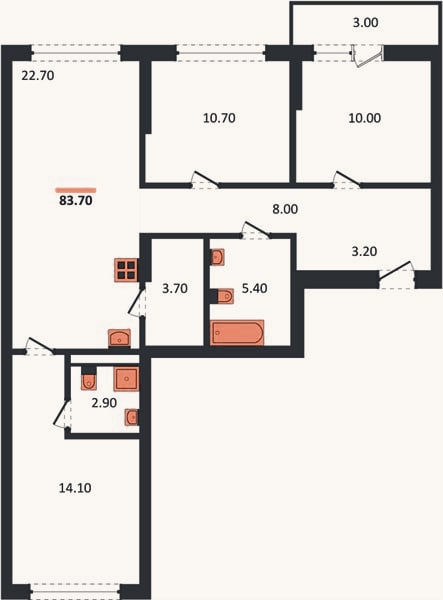 Планировка: 3-к, 83,7 м²