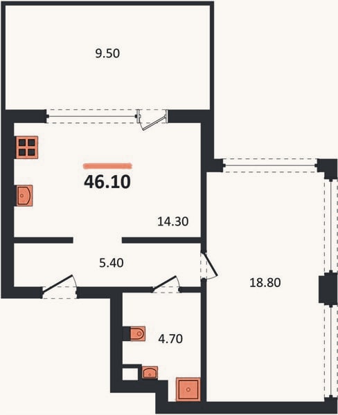 Планировка: 1-к, 46,1 м²