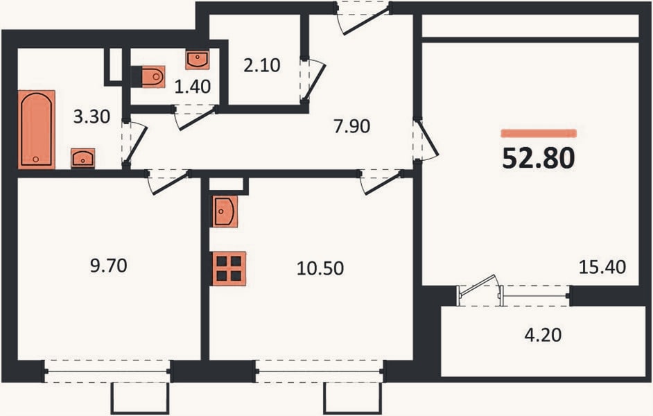 Планировка: 2-к, 52,8 м²