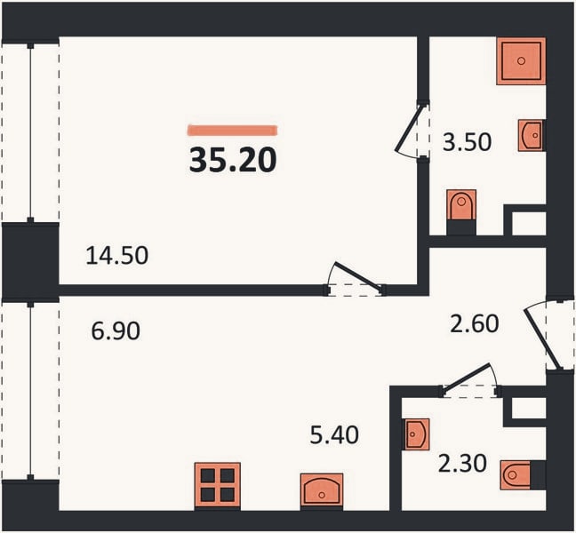 Планировка: 1-к, 35,2 м²