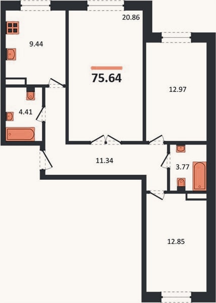 Планировка: 3-к, 75,6 м²