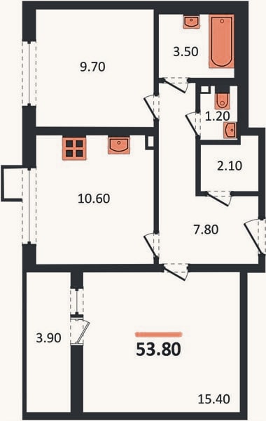 Планировка: 2-к, 53,8 м²