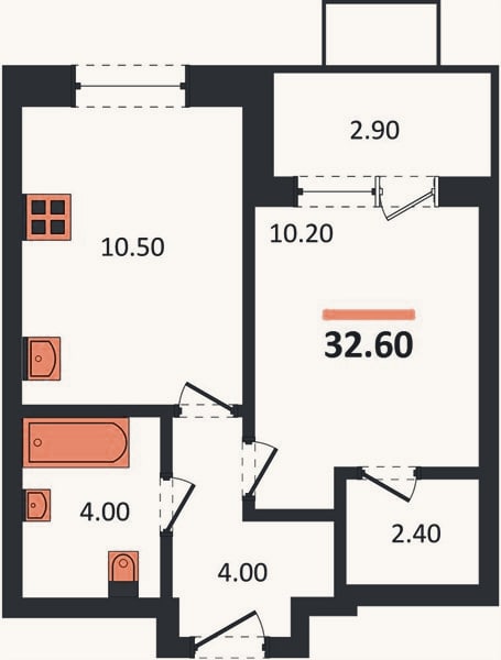 Планировка: 1-к, 32,6 м²