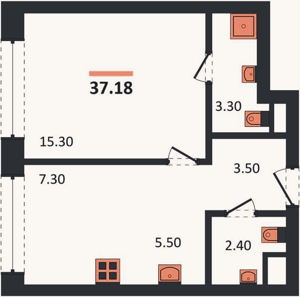 Планировка: 1-к, 37,2 м²