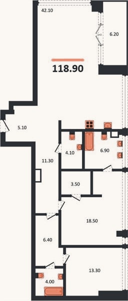 Планировка: 2-к, 118,9 м²