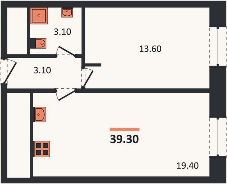 Планировка: 1-к, 39,3 м²
